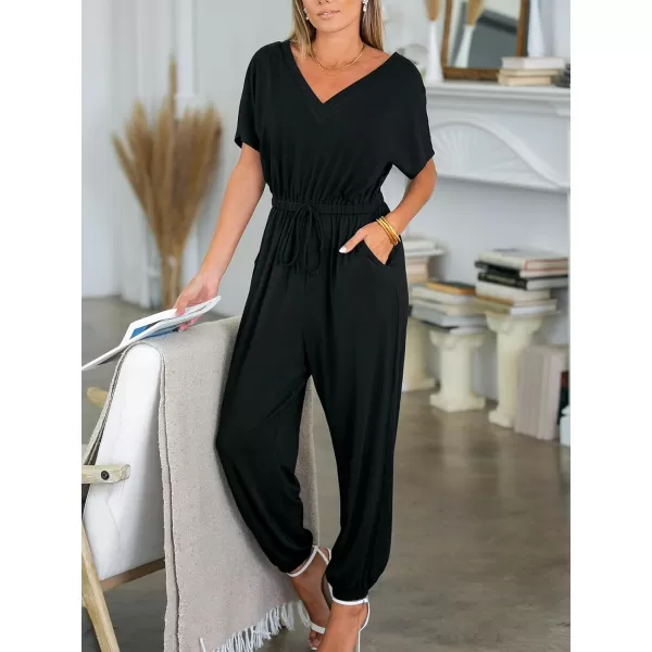 imageCUPSHE Womens Jumpsuits Short Sleeve Tapered Leg Jersey Overall V Neck Outfit CasualBlack