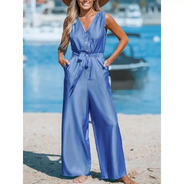 imageCUPSHE Womens Jumpsuits Sleeveless Front Button TieWaist Wide Leg Overall Pockets Outfit CasualDark Blue