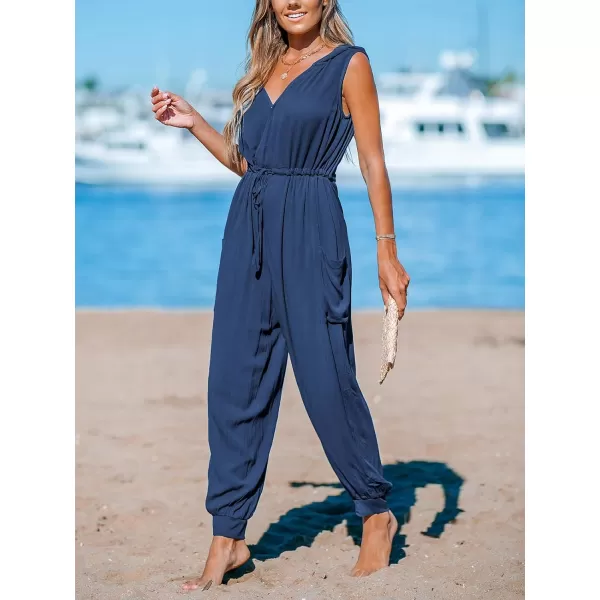 imageCUPSHE Womens Jumpsuits Sleeveless Hooded V Neck Overall Side Pockets Tapered Leg Outfit Romper Casual DressyBlue