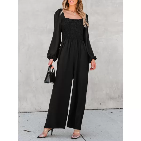 imageCUPSHE Womens Jumpsuits Smocked Peasant Sleeve Jumpsuit Long Sleeve Square Neck Outfit Jumpsuits Casual DressyBlack