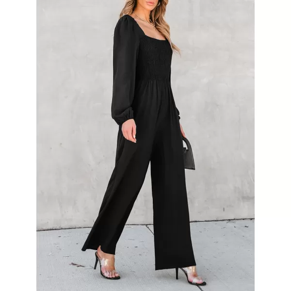 imageCUPSHE Womens Jumpsuits Smocked Peasant Sleeve Jumpsuit Long Sleeve Square Neck Outfit Jumpsuits Casual DressyBlack