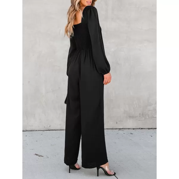 imageCUPSHE Womens Jumpsuits Smocked Peasant Sleeve Jumpsuit Long Sleeve Square Neck Outfit Jumpsuits Casual DressyBlack