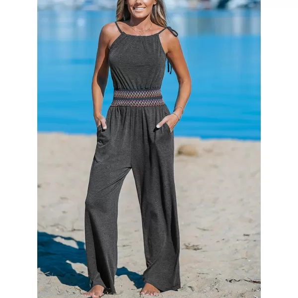 imageCUPSHE Womens Jumpsuits Smocked Waist Straight Leg Jumpsuit Overall High Neck Outfit CasualGrey