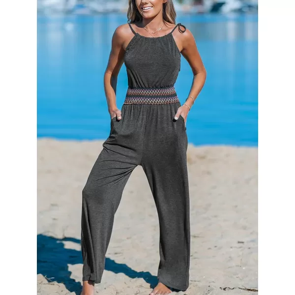 imageCUPSHE Womens Jumpsuits Smocked Waist Straight Leg Jumpsuit Overall High Neck Outfit CasualGrey