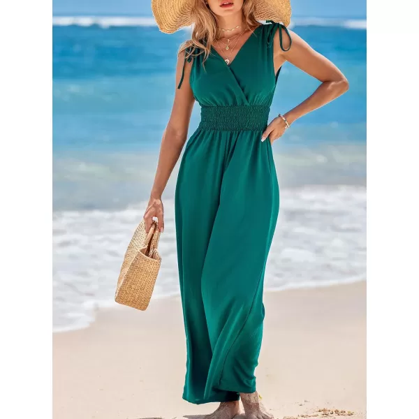 imageCUPSHE Womens Jumpsuits Smocked Waist Wide Leg Overall V Neck Outfit Casual Sexy DressyBlue
