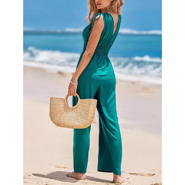 imageCUPSHE Womens Jumpsuits Smocked Waist Wide Leg Overall V Neck Outfit Casual Sexy DressyBlue