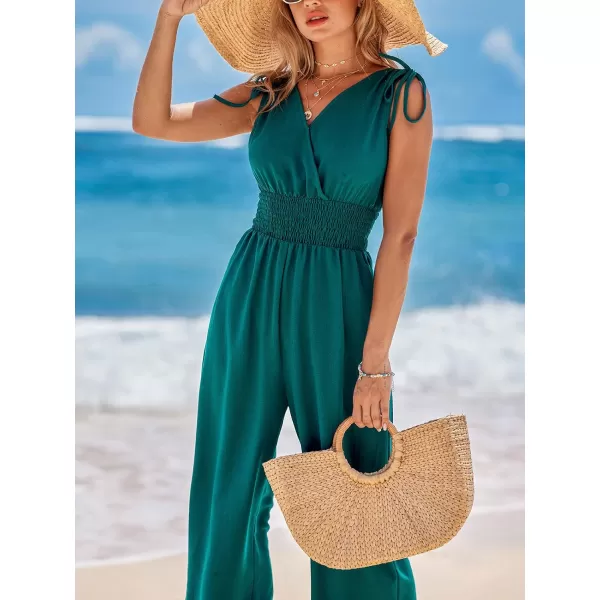 imageCUPSHE Womens Jumpsuits Smocked Waist Wide Leg Overall V Neck Outfit Casual Sexy DressyBlue