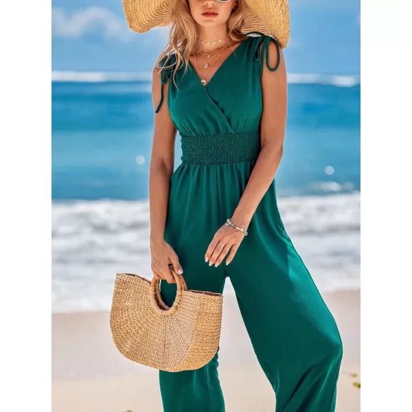 imageCUPSHE Womens Jumpsuits Smocked Waist Wide Leg Overall V Neck Outfit Casual Sexy DressyBlue