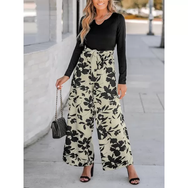 imageCUPSHE Womens Jumpsuits Split Neck Tie Front Wide Leg Jumpsuit Long Sleeve Outfit Casual DressyBlack