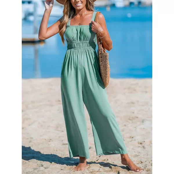 imageCUPSHE Womens Jumpsuits Square Neck Sleeveless Wide leg Overall Smocked Waist Outfit Casual BeachGreen
