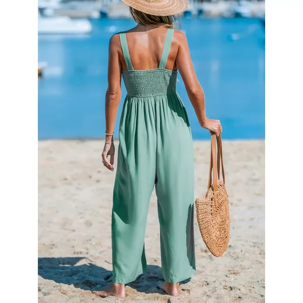 imageCUPSHE Womens Jumpsuits Square Neck Sleeveless Wide leg Overall Smocked Waist Outfit Casual BeachGreen