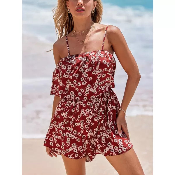 imageCUPSHE Womens Jumpsuits Square Neck Wide Leg Rompers Sleeveless Overall Ruffled Outfit Casual BeachRed