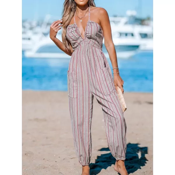imageCUPSHE Womens Jumpsuits Stripe Halter Sleeveless V Neck Romper Tapered Leg Overall Outfit Casual BeachRed