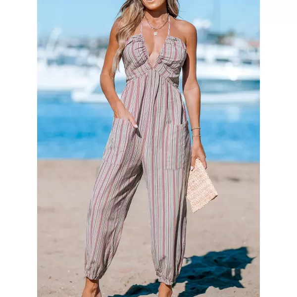 imageCUPSHE Womens Jumpsuits Stripe Halter Sleeveless V Neck Romper Tapered Leg Overall Outfit Casual BeachRed
