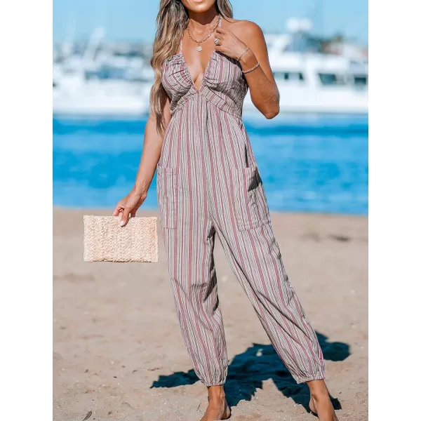 imageCUPSHE Womens Jumpsuits Stripe Halter Sleeveless V Neck Romper Tapered Leg Overall Outfit Casual BeachRed