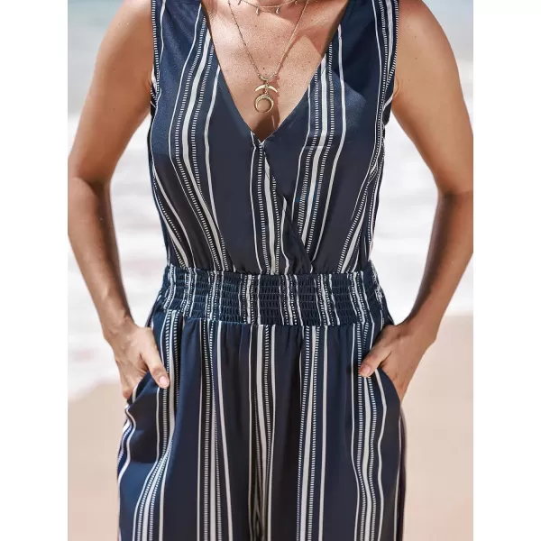 imageCUPSHE Womens Jumpsuits Stripe Smocked Waist Romper Sleeveless Overall V Neck Outfit Casual DressyBlue