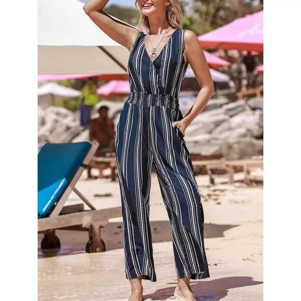 imageCUPSHE Womens Jumpsuits Stripe Smocked Waist Romper Sleeveless Overall V Neck Outfit Casual DressyBlue