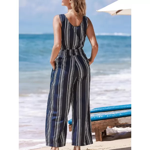 imageCUPSHE Womens Jumpsuits Stripe Smocked Waist Romper Sleeveless Overall V Neck Outfit Casual DressyBlue
