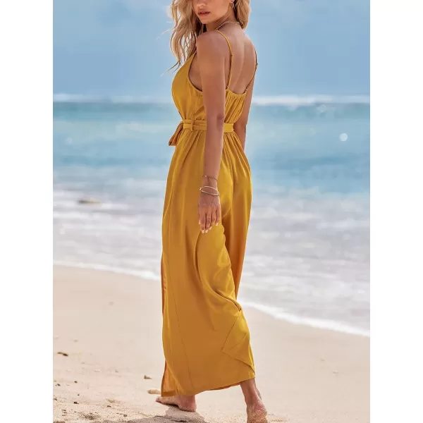 imageCUPSHE Womens Jumpsuits Surplice Neck Wide Leg Rompers Sleeveless Overall Waist Tie Outfit Casual BeachYellow