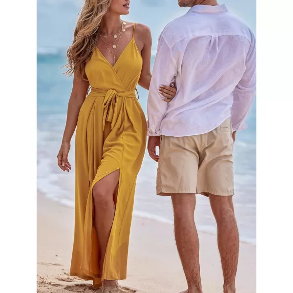 imageCUPSHE Womens Jumpsuits Surplice Neck Wide Leg Rompers Sleeveless Overall Waist Tie Outfit Casual BeachYellow