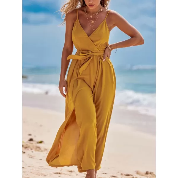 imageCUPSHE Womens Jumpsuits Surplice Neck Wide Leg Rompers Sleeveless Overall Waist Tie Outfit Casual BeachYellow
