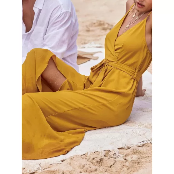 imageCUPSHE Womens Jumpsuits Surplice Neck Wide Leg Rompers Sleeveless Overall Waist Tie Outfit Casual BeachYellow