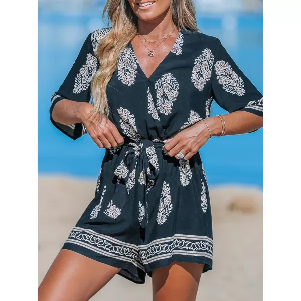 imageCUPSHE Womens Jumpsuits Surplice Neck WideLeg Romper Short Sleeve Overall Waist Tie Outfit Casual DressyBlack