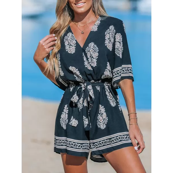imageCUPSHE Womens Jumpsuits Surplice Neck WideLeg Romper Short Sleeve Overall Waist Tie Outfit Casual DressyBlack