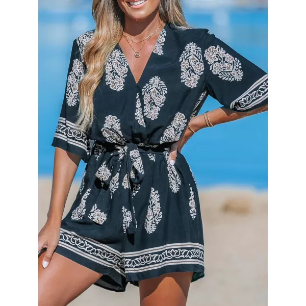 imageCUPSHE Womens Jumpsuits Surplice Neck WideLeg Romper Short Sleeve Overall Waist Tie Outfit Casual DressyBlack