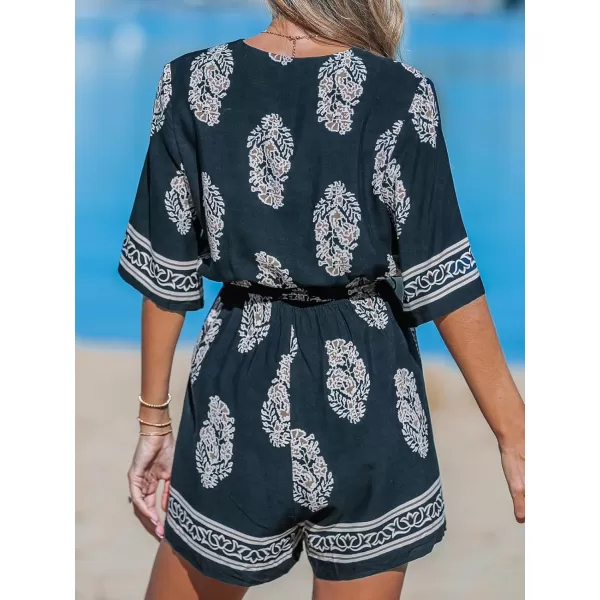 imageCUPSHE Womens Jumpsuits Surplice Neck WideLeg Romper Short Sleeve Overall Waist Tie Outfit Casual DressyBlack