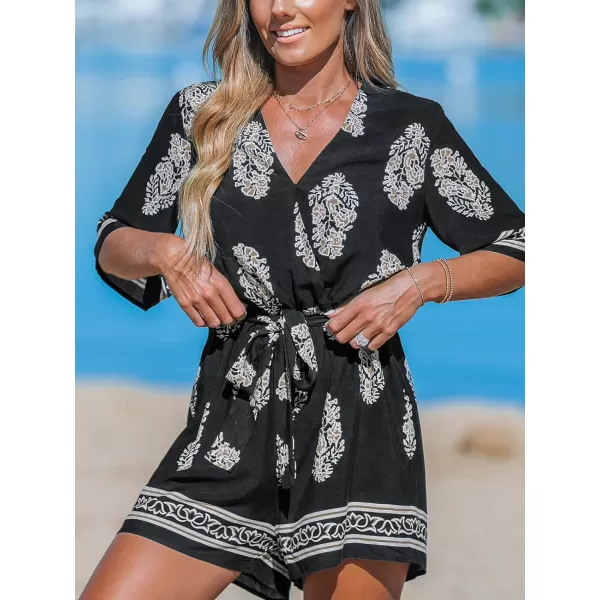 imageCUPSHE Womens Jumpsuits Surplice Neck WideLeg Romper Short Sleeve Overall Waist Tie Outfit Casual DressyBlackYellow Leaves