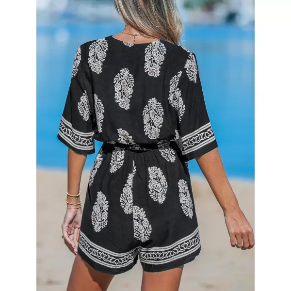 imageCUPSHE Womens Jumpsuits Surplice Neck WideLeg Romper Short Sleeve Overall Waist Tie Outfit Casual DressyBlackYellow Leaves