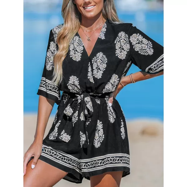 imageCUPSHE Womens Jumpsuits Surplice Neck WideLeg Romper Short Sleeve Overall Waist Tie Outfit Casual DressyBlackYellow Leaves
