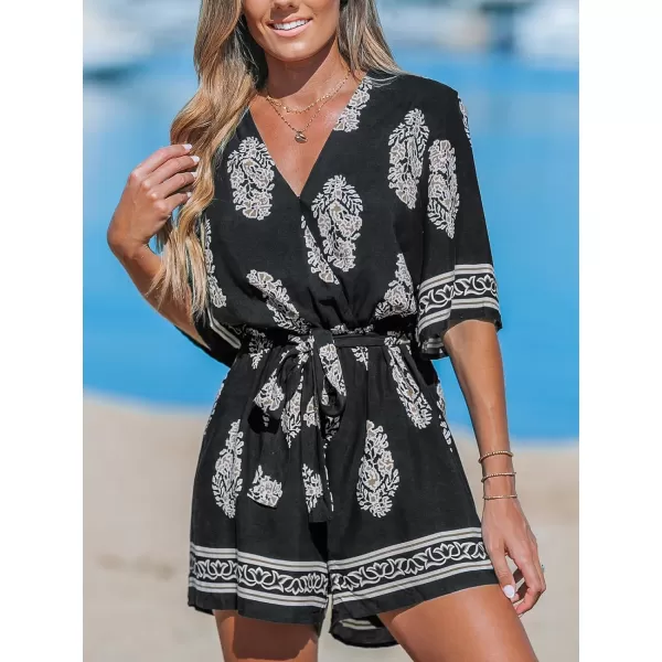 imageCUPSHE Womens Jumpsuits Surplice Neck WideLeg Romper Short Sleeve Overall Waist Tie Outfit Casual DressyBlackYellow Leaves