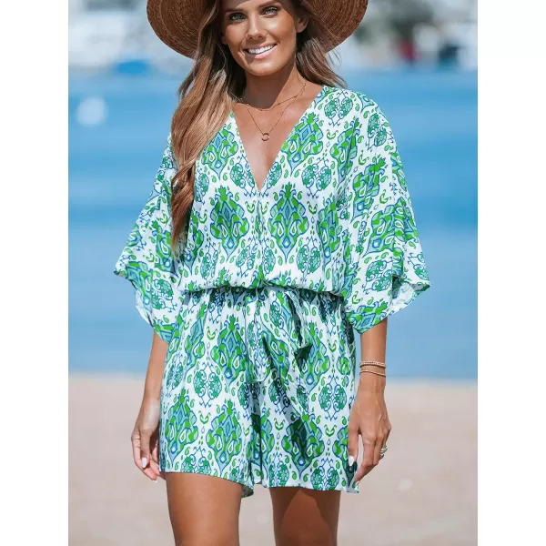 imageCUPSHE Womens Jumpsuits Surplice Neck WideLeg Romper Short Sleeve Overall Waist Tie Outfit Casual DressyGreen