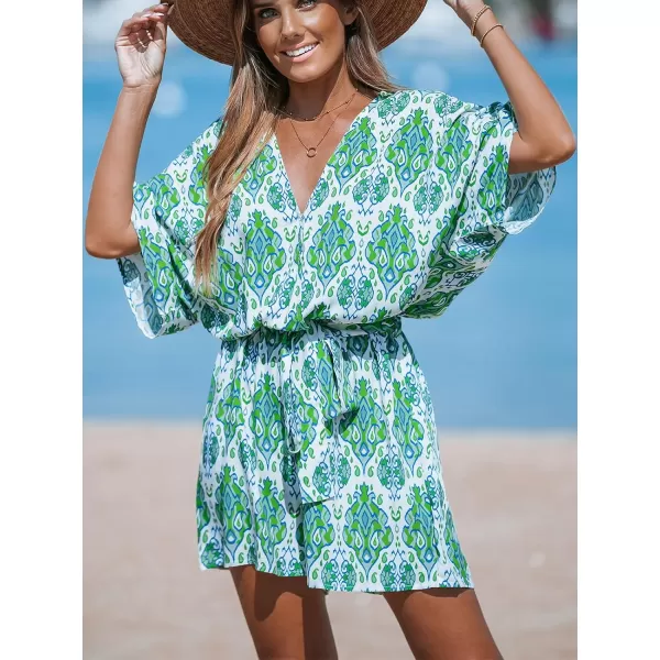 imageCUPSHE Womens Jumpsuits Surplice Neck WideLeg Romper Short Sleeve Overall Waist Tie Outfit Casual DressyGreen