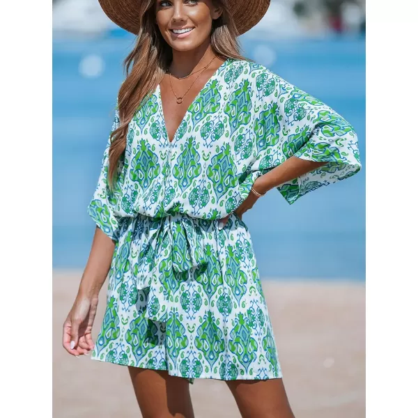 imageCUPSHE Womens Jumpsuits Surplice Neck WideLeg Romper Short Sleeve Overall Waist Tie Outfit Casual DressyGreen
