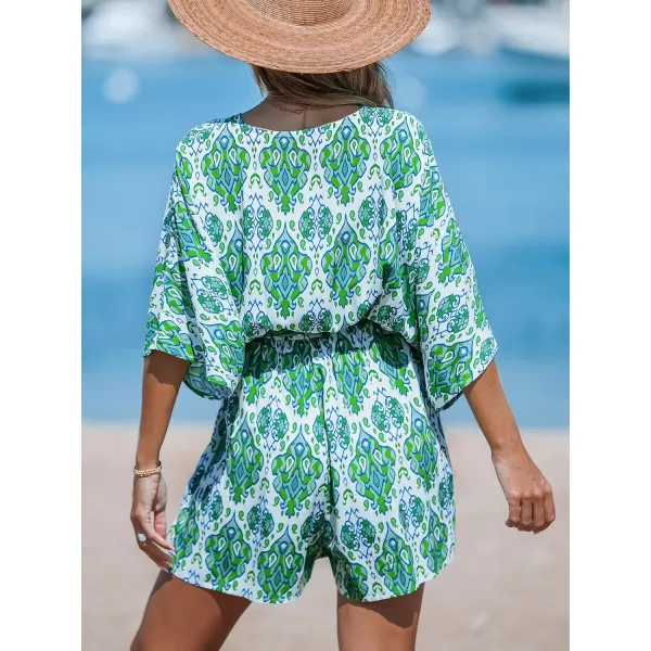 imageCUPSHE Womens Jumpsuits Surplice Neck WideLeg Romper Short Sleeve Overall Waist Tie Outfit Casual DressyGreen