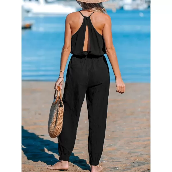 imageCUPSHE Womens Jumpsuits Tapered Leg Backless Sleeveless Scoop Neck Overall Drawstring Waist Outfit Casual BeachBlack