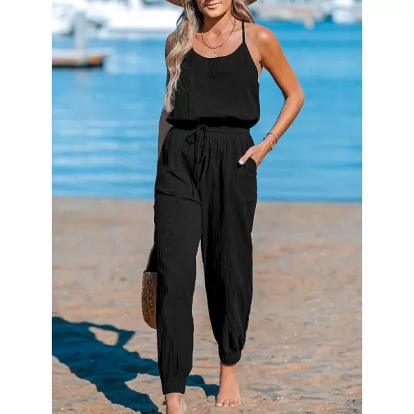 imageCUPSHE Womens Jumpsuits Tapered Leg Backless Sleeveless Scoop Neck Overall Drawstring Waist Outfit Casual BeachBlack