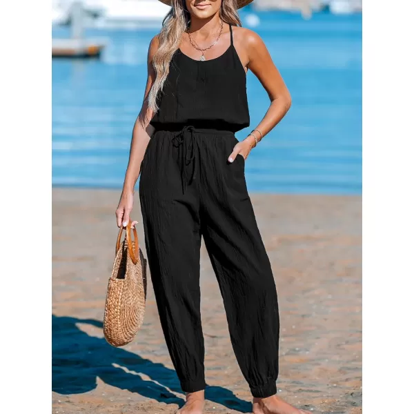 imageCUPSHE Womens Jumpsuits Tapered Leg Backless Sleeveless Scoop Neck Overall Drawstring Waist Outfit Casual BeachBlack