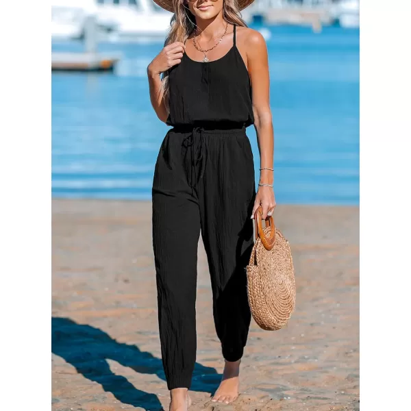 imageCUPSHE Womens Jumpsuits Tapered Leg Backless Sleeveless Scoop Neck Overall Drawstring Waist Outfit Casual BeachBlack