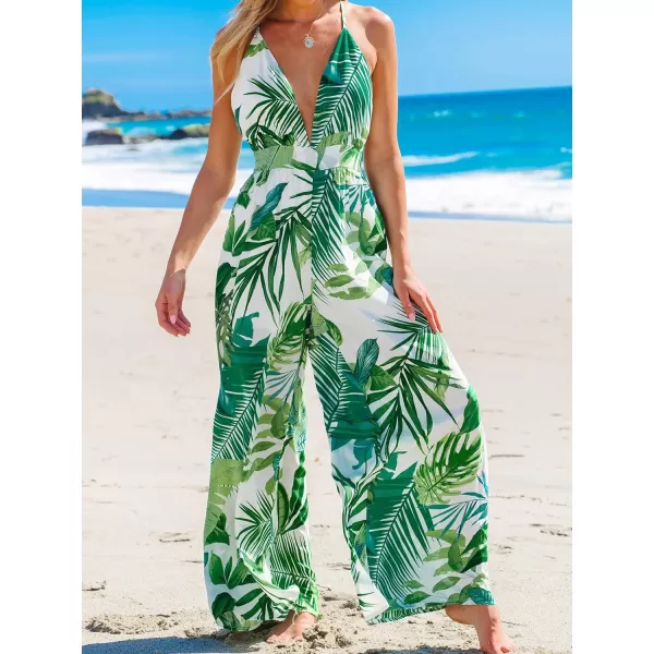 imageCUPSHE Womens Jumpsuits Tropical Sleeveless Wide Leg Overall Plunging Outfit Casual BeachGreen