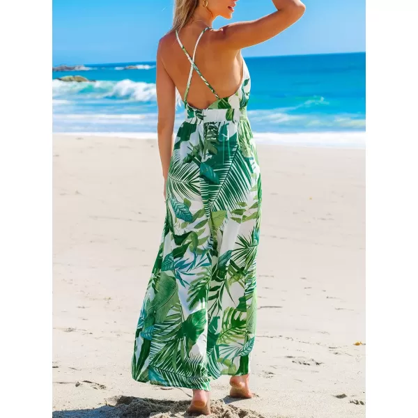 imageCUPSHE Womens Jumpsuits Tropical Sleeveless Wide Leg Overall Plunging Outfit Casual BeachGreen