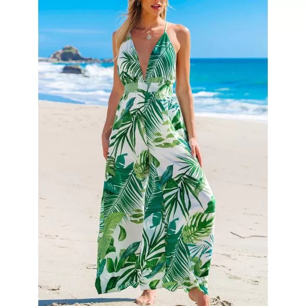 imageCUPSHE Womens Jumpsuits Tropical Sleeveless Wide Leg Overall Plunging Outfit Casual BeachGreen