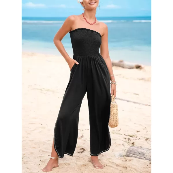 imageCUPSHE Womens Jumpsuits Tube Neck Tie Waist Tapered Leg Overall Sleeveless Outfit Casual BeachBlack