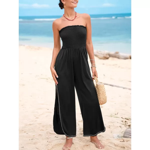 imageCUPSHE Womens Jumpsuits Tube Neck Tie Waist Tapered Leg Overall Sleeveless Outfit Casual BeachBlack