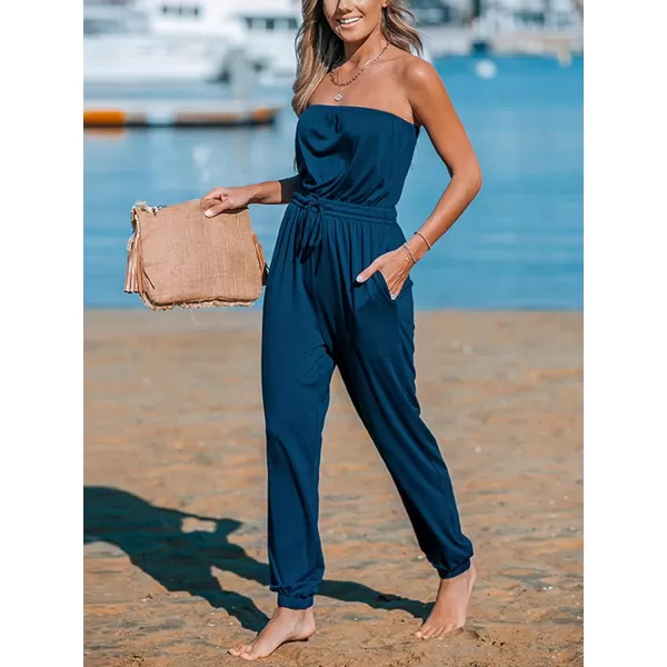 imageCUPSHE Womens Jumpsuits Tube Neck Tie Waist Tapered Leg Overall Sleeveless Outfit Casual BeachDark Blue