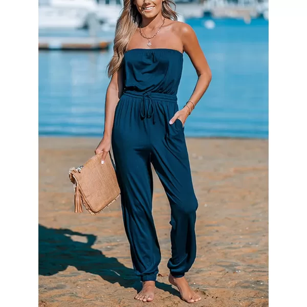 imageCUPSHE Womens Jumpsuits Tube Neck Tie Waist Tapered Leg Overall Sleeveless Outfit Casual BeachDark Blue