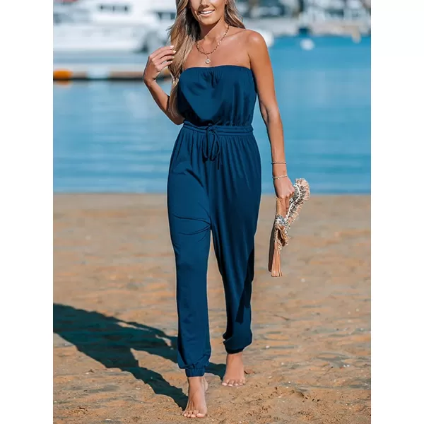 imageCUPSHE Womens Jumpsuits Tube Neck Tie Waist Tapered Leg Overall Sleeveless Outfit Casual BeachDark Blue